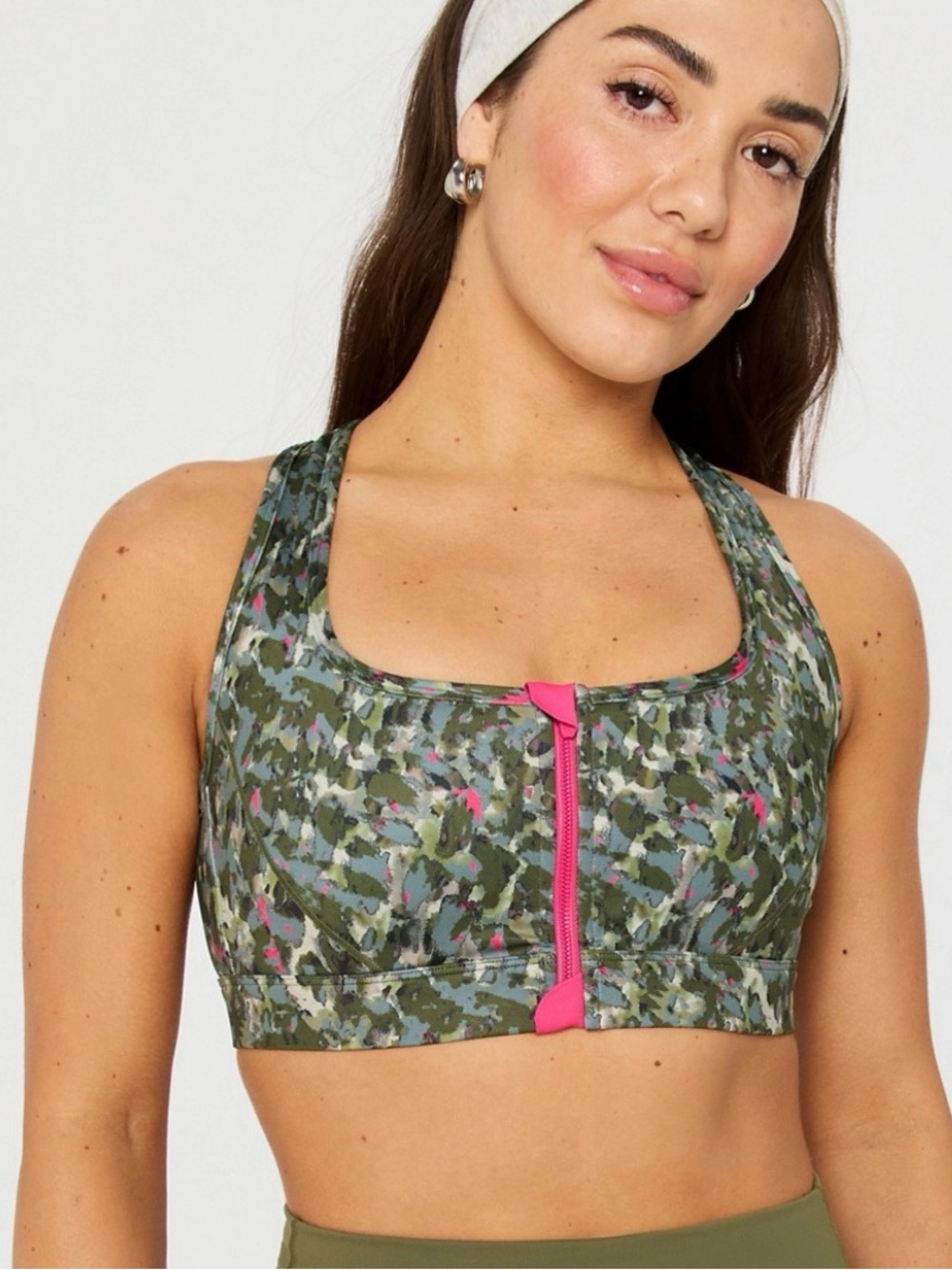 Fabletics Green Camo Tank Top with Pink Zip